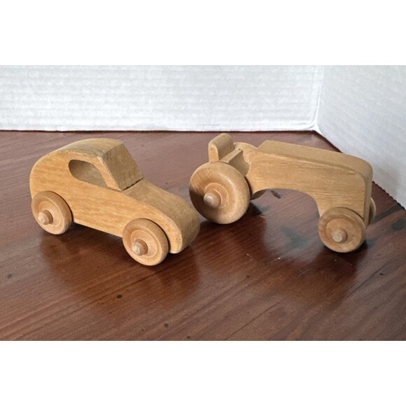 2 Wooden Vehicles 1 Wooden Tractor And 1 Car Wood Toy Collectible - Picture 4 of 8
